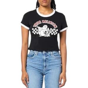NWT True Religion Black TR Buddha Logo Crop T-Shirt